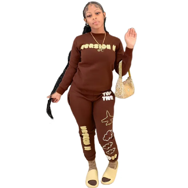 Lettered Casual Sports Home Women's Top Two piece Pants Brown - Shop at LoveMi