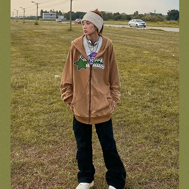 Retro Distressed Washed Sweater Cardigan Niche Embroidery Coffee - Shop at LoveMi