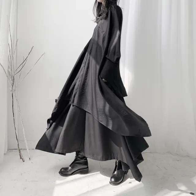 Niche Asymmetric Loose Shirt Skirt Two piece Set Black Two Piece Set - Shop at LoveMi