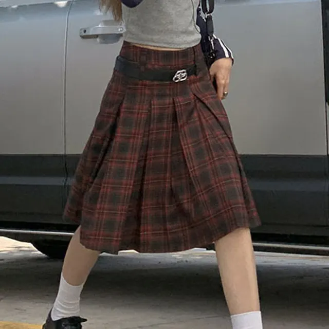 A Line Plaid Skirt Women's High Waist Design Sense Dark Red - Shop at LoveMi