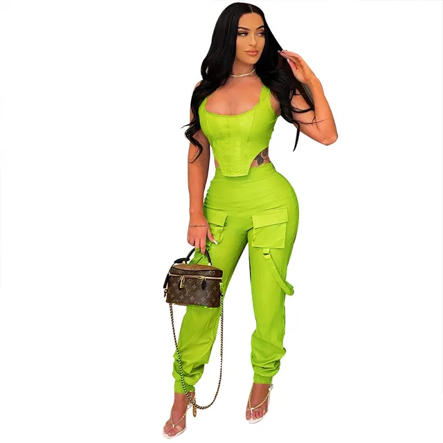 Solid Color Sleeveless Top Blouse And Pants Fluorescent Green - Shop at LoveMi