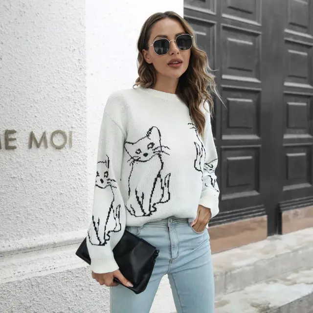 Cat Brocade Sweater Women's Loose Autumn And Winter Long sleeved White - Shop at LoveMi