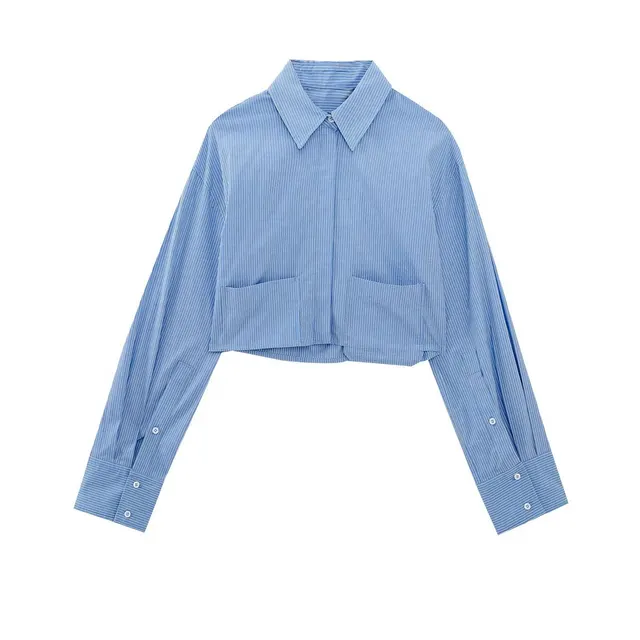 Spring Cross Border Women's Urban Casual Striped Poplin Short Shirt Blue Stripes - Shop at LoveMi