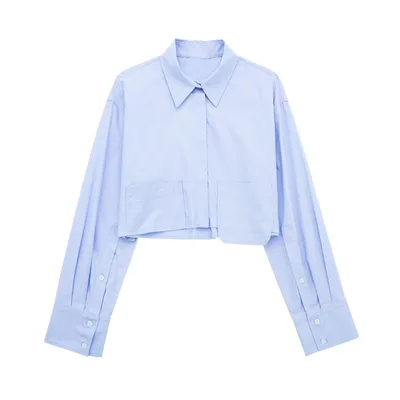 Spring Cross Border Women's Urban Casual Striped Poplin Short Shirt Light Blue - Shop at LoveMi