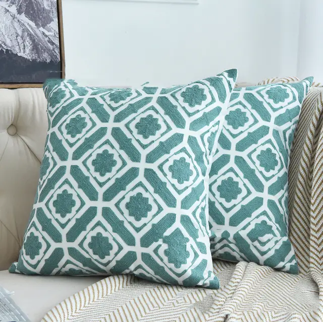 Lake Water Green Color Cotton Canvas Embroidery Geometric Wool Embroidery Sofa Pillow Cases Lake Water Green Color Hexagon - Shop at LoveMi