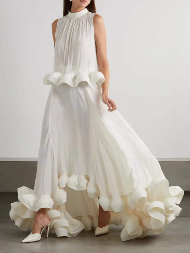 Women's Fashion Pleated Stand Collar Sleeveless Top Ruffled Skirt Two piece Set Beige - Shop at LoveMi