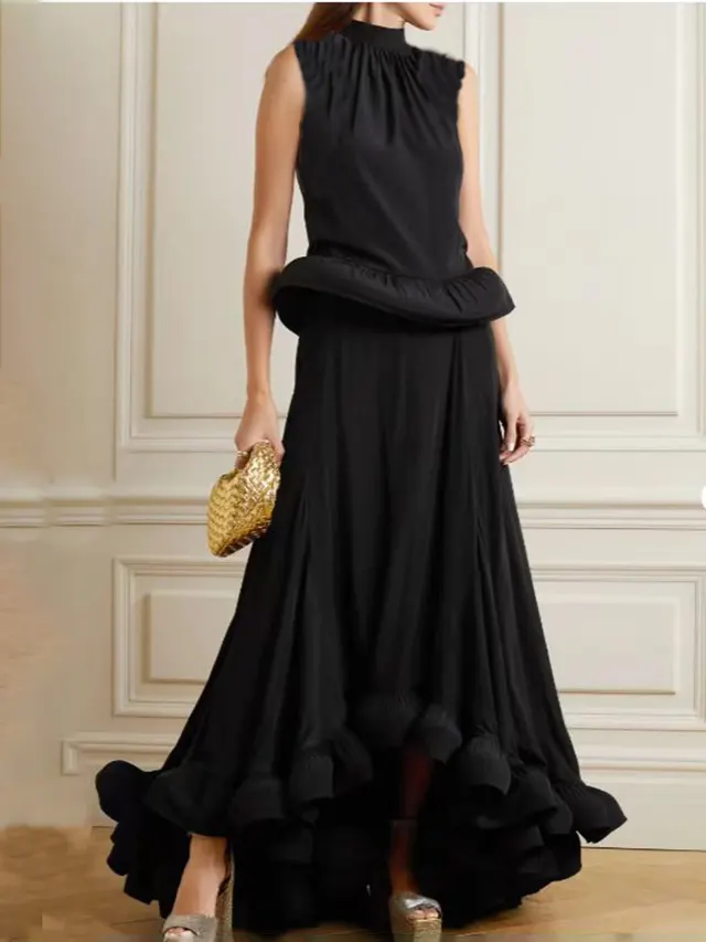 Women's Fashion Pleated Stand Collar Sleeveless Top Ruffled Skirt Two piece Set Black - Shop at LoveMi