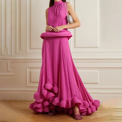 Women's Fashion Pleated Stand Collar Sleeveless Top Ruffled Skirt Two piece Set Rose Red - Shop at LoveMi