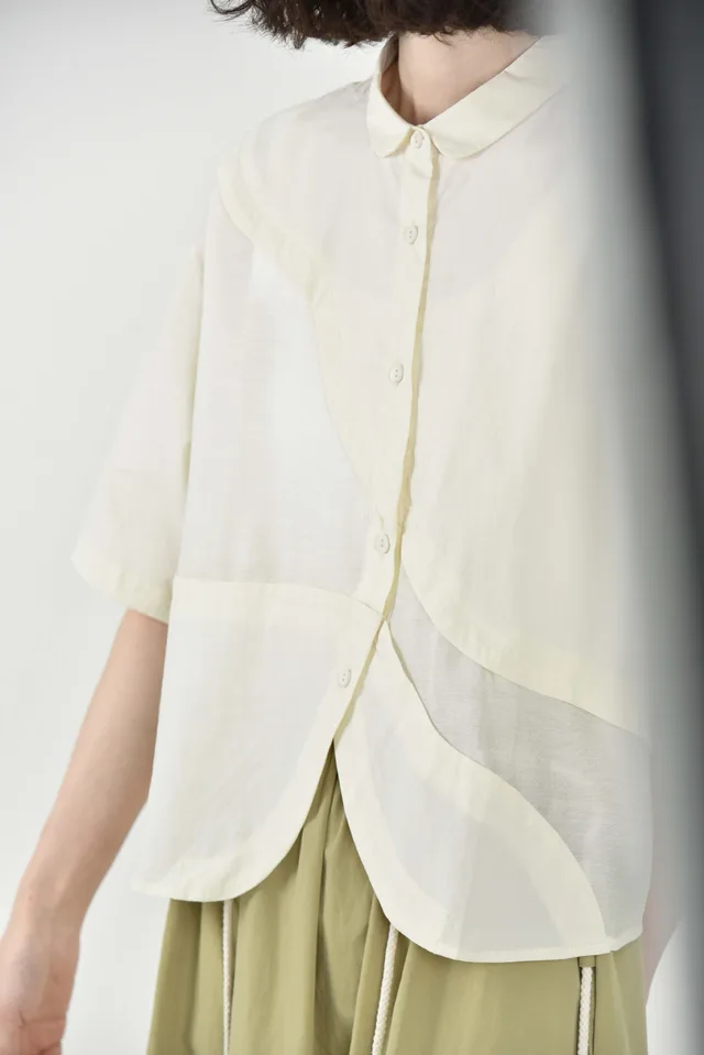 Artistic Retro Design Curved Split Patchwork Lapel Short Sleeve Shirt Rice Apricot - Shop at LoveMi