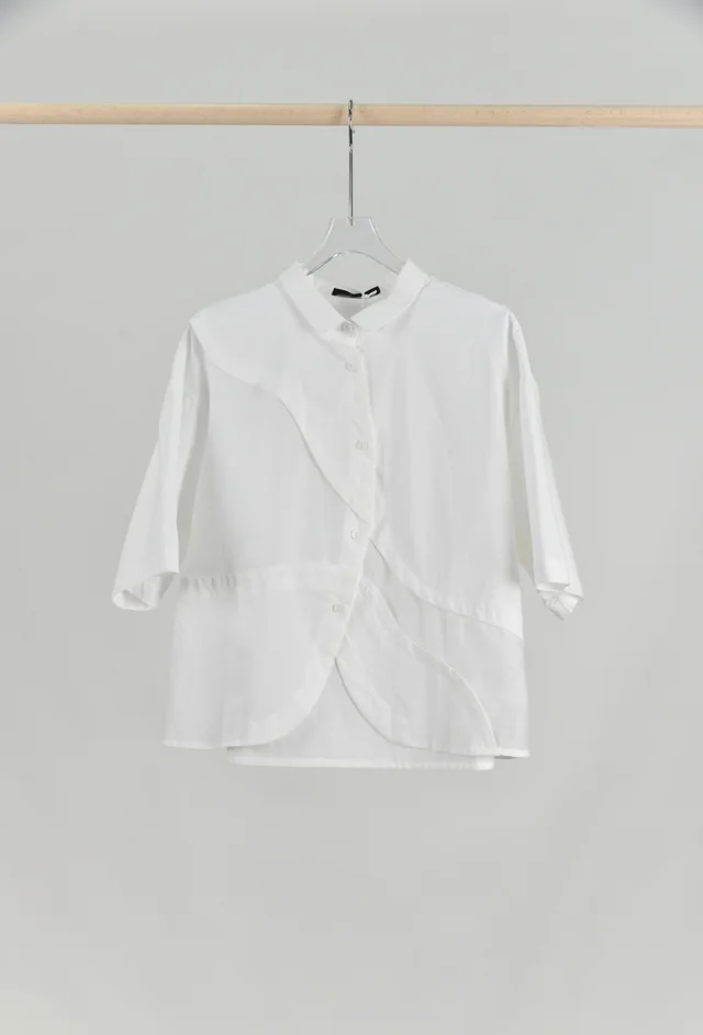 Artistic Retro Design Curved Split Patchwork Lapel Short Sleeve Shirt White - Shop at LoveMi