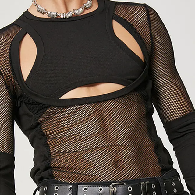Men's Model Fishing Mesh Steel Tube Dance Nightclub Sexy Two piece Set Black - Shop at LoveMi