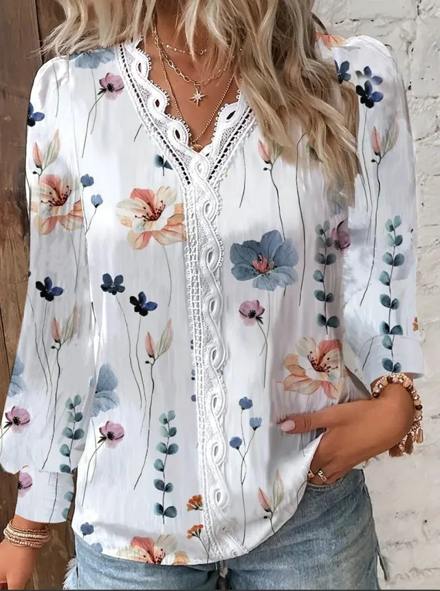 Women's Long Sleeve V neck Lace Stitching Shirt White - Shop at LoveMi