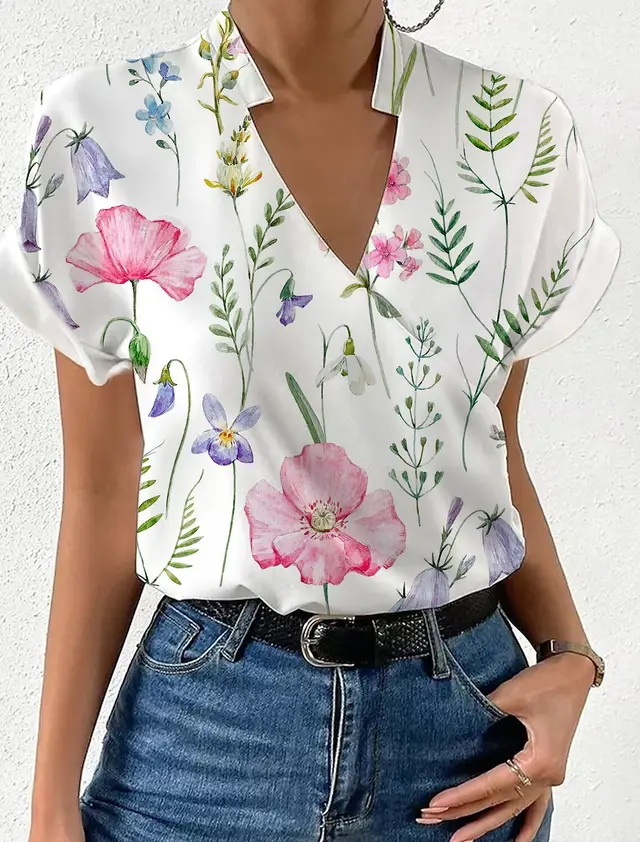 Summer Loose V neck Stand Collar Printed Shirt Red Flower - Shop at LoveMi