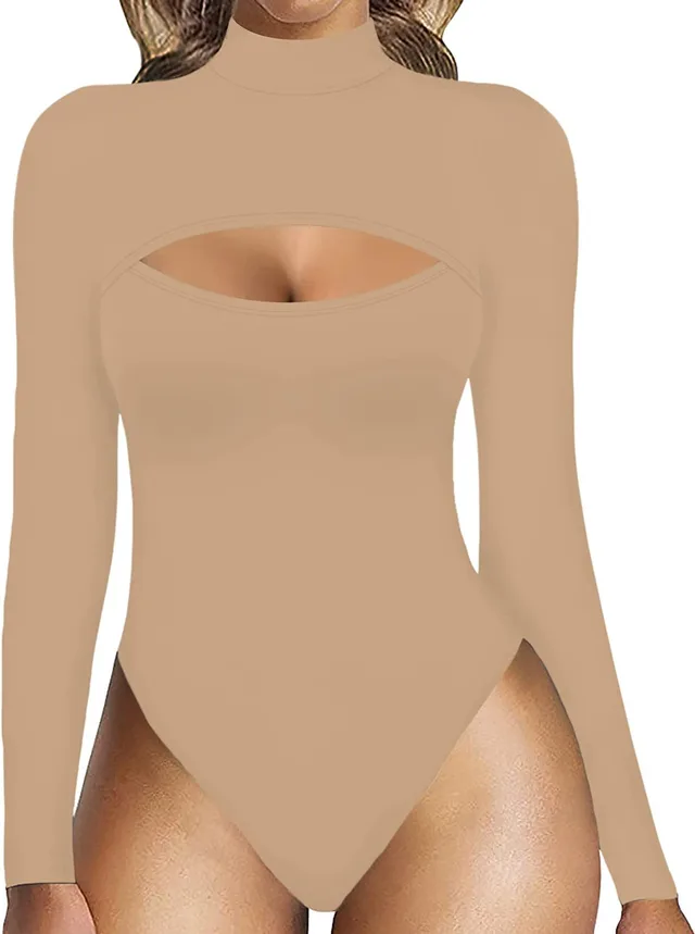 Women's Fashion Solid Color Hollow Long Sleeve Stretch One piece Corset Skin Color - Shop at LoveMi