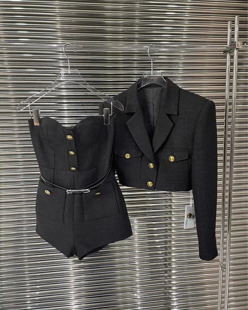 Metal Button Short Jacket Bandeau Slim fit One piece Shorts Set - Shop at LoveMi