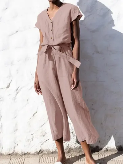 Women's Fashionable V neck Tight Lace up Short sleeved Cropped Jumpsuit Lotus Root - Shop at LoveMi