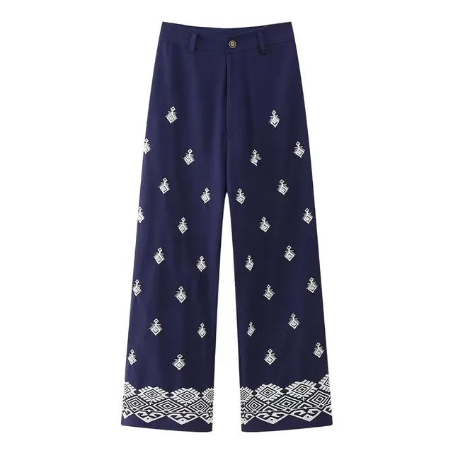Geometric Embroidery Wide Leg Straight Casual Pants Navy Blue - Shop at LoveMi