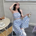Short Tube Top Plaid Pleated Wide-leg Pants Two-piece Set - Blue