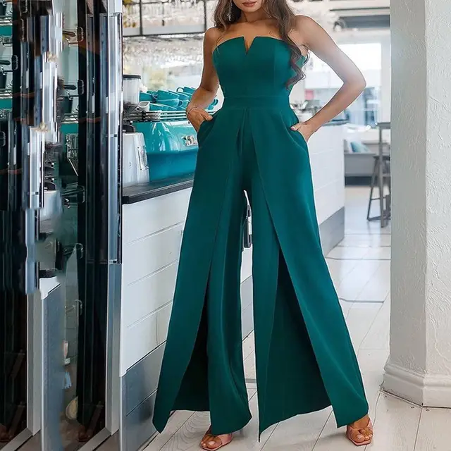 Women's Fashion Casual Slim Solid Color Jumpsuit Dark Green - Shop at LoveMi