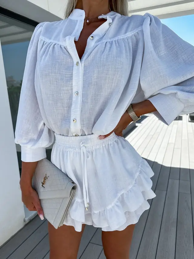 New Casual Fashion Cotton Linen Shirt Skirt Outfit White - Shop at LoveMi