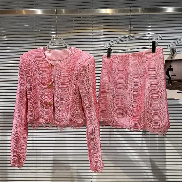 New Classic Style Tassel Line Padded Shoulder Suit Short Coat Skirt Suit Pink Suit - Shop at LoveMi