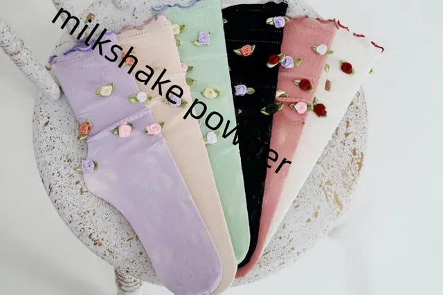 Escape Rose Cute Sweet Beautiful Flowers Puff Girl Breathable Mid calf Length Loose Socks Milk Shake Powder - Shop at LoveMi
