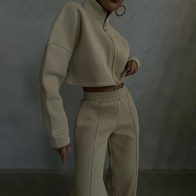 Women's Solid Color Round Neck Pullover Long Sleeve Sweater Trousers Suit Apricot - Shop at LoveMi