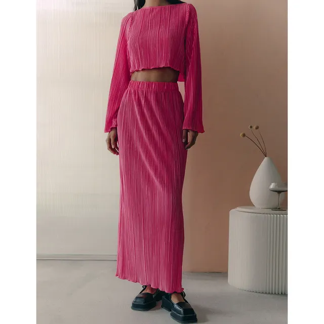 Bell Sleeve Short Top Mid length Skirt Suit Rose Red - Shop at LoveMi