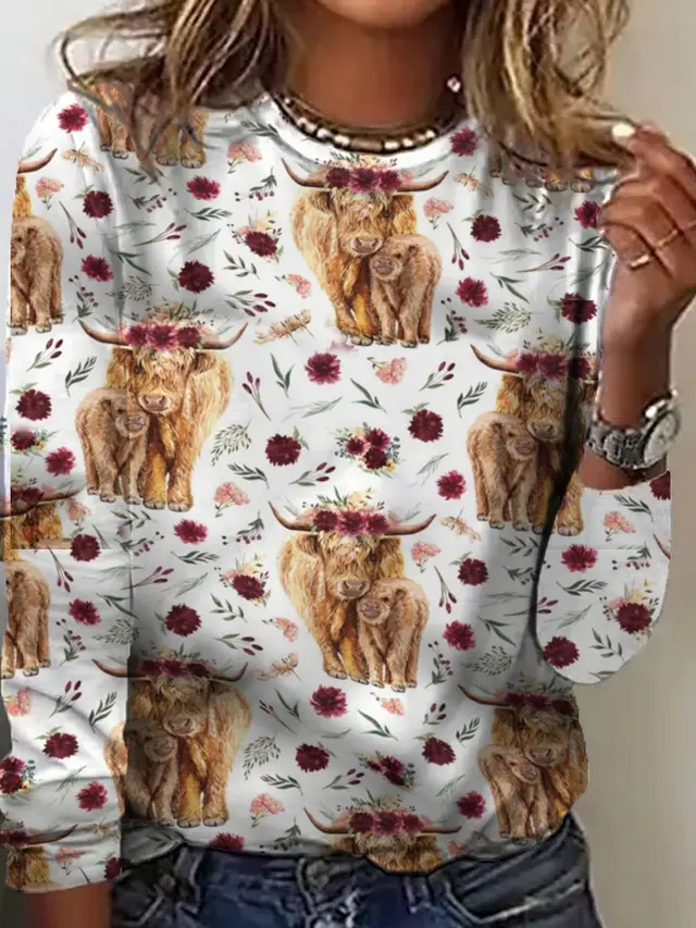 Spring And Autumn Round Neck Loose Long sleeved Shirt Printed Women's Top T shirt Khaki - Shop at LoveMi