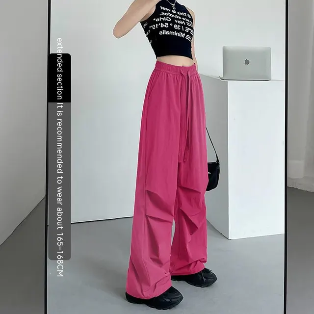 American Straight Pants High Waist Casual Wide Leg Quick drying Track Pants Rose Red Extended - Shop at LoveMi