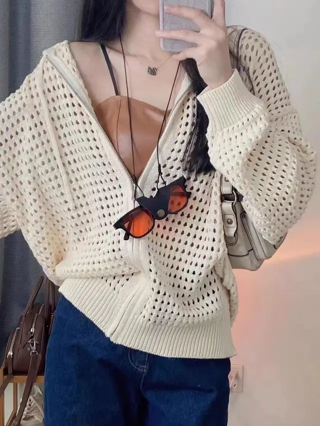 Women's Hollow out Design Hooded Outwear Blouse Knitted Cardigan White - Shop at LoveMi