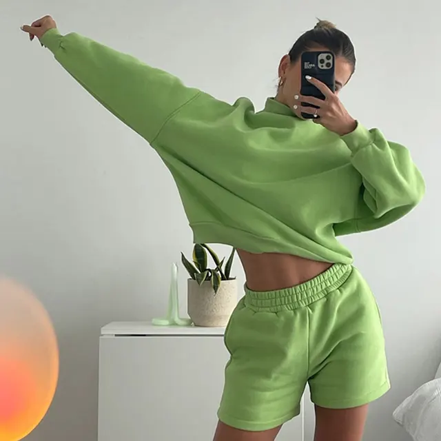 Women's Stand Collar Long Sleeve Fleece And Shorts Two piece Suit Green - Shop at LoveMi