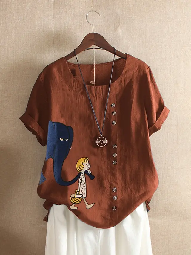 Women's Fashion Cartoon Printed Cotton And Linen Loose Casual Short sleeved T shirt Brown - Shop at LoveMi