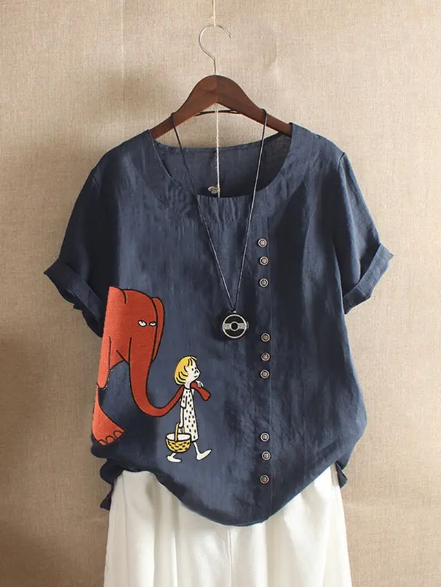 Women's Fashion Cartoon Printed Cotton And Linen Loose Casual Short sleeved T shirt Dark Blue - Shop at LoveMi