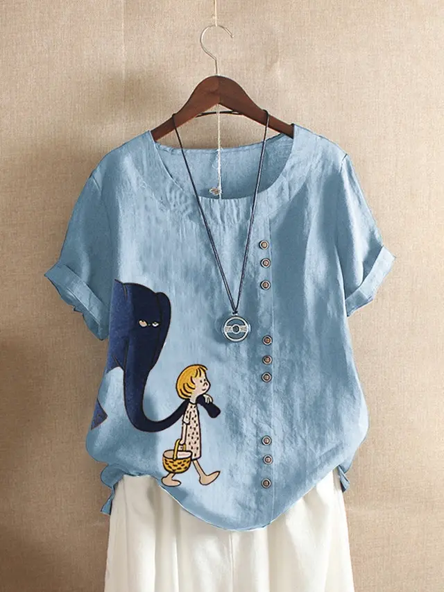 Women's Fashion Cartoon Printed Cotton And Linen Loose Casual Short sleeved T shirt Light Blue - Shop at LoveMi