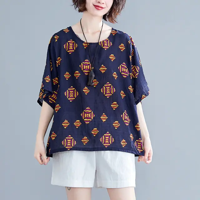 Women's Fashionable Cotton And Linen Printed Loose Round Neck Short Sleeve T shirt Navy Blue - Shop at LoveMi