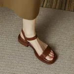 Elegant Chunky Heel Ankle Strap Roman Sandals - Brown