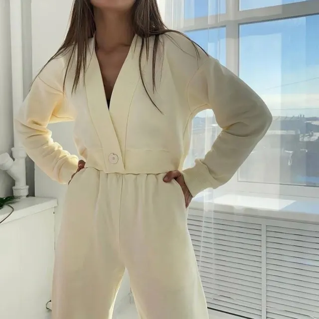 Solid Color Cardigan Long sleeved Sweater Trousers Suit Apricot - Shop at LoveMi