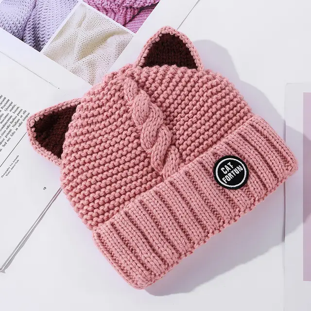 Female Cute Fleece Lined Cat Ears Woolen Cap Nude Pink - Shop at LoveMi