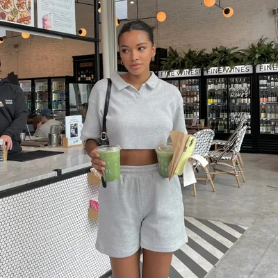 Women's Casual Polo Collar Short Solid Color Two piece Set Gray - Shop at LoveMi