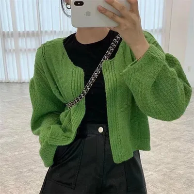Youthful looking Loose Outer Wear Idle Style Knitted Cardigan Green - Shop at LoveMi