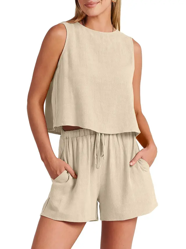 Women's Casual Sleeveless Loose Cotton Linen Shorts Two piece Suit Apricot - Shop at LoveMi