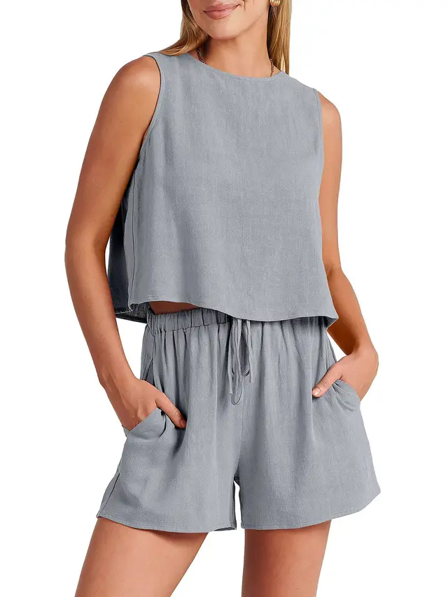 Women's Casual Sleeveless Loose Cotton Linen Shorts Two piece Suit Gray - Shop at LoveMi