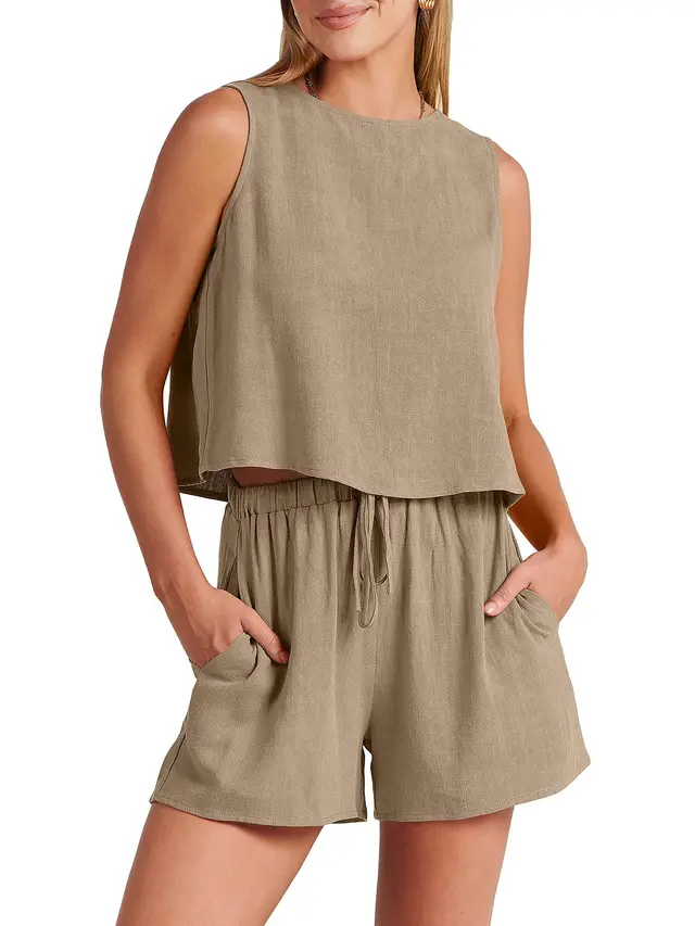 Women's Casual Sleeveless Loose Cotton Linen Shorts Two piece Suit Khaki - Shop at LoveMi