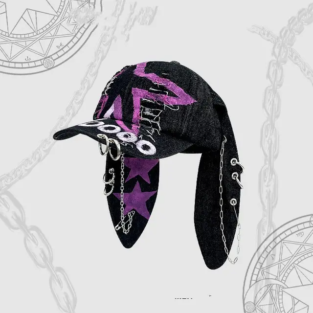 Rabbit Ears Denim With Hole Baseball Hat Washed Pink Star - Shop at LoveMi
