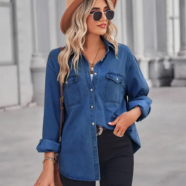 Women's Light Color Figure Flattering Thin Denim Long sleeved Shirt New Dark Blue - Shop at LoveMi