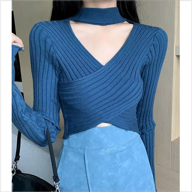 Women's Cross halterneck V neck Knitted Sweater Blue - Shop at LoveMi