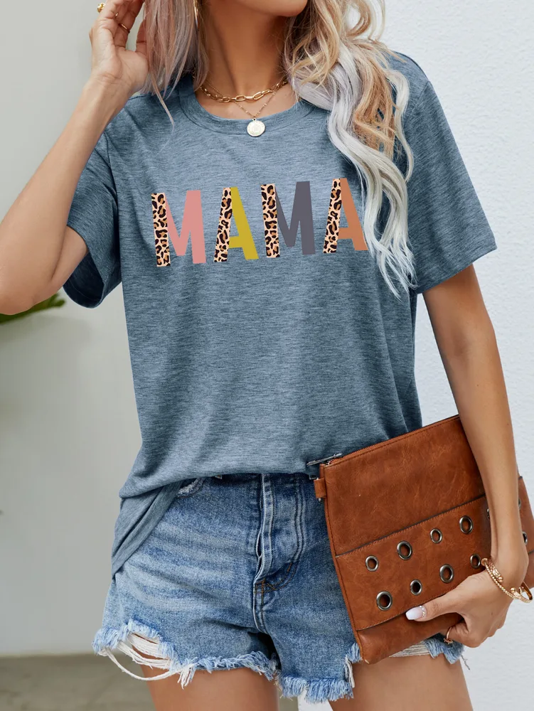 Women's Round Neck Short sleeved Printed T shirt For Mother's Day Blue - Shop at LoveMi