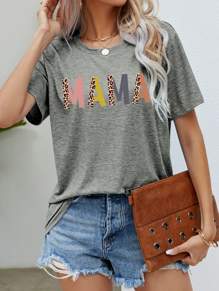 Women's Round Neck Short sleeved Printed T shirt For Mother's Day Gray - Shop at LoveMi