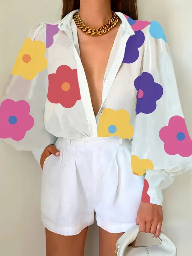Summer Printed Lantern Sleeve Fashion Shirt Colorful Flowers - Shop at LoveMi